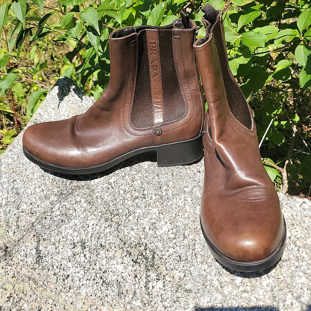 Prada Women's Dark Brown Leather Chelsea Ankle Boots 36